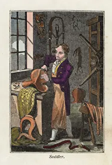 Saddler: A saddler making a saddle in his leather workshop