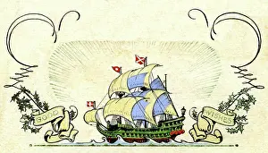 Scrolls: Sailing ship with Good Wishes scrolls and holly