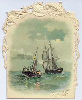Embossing: Sailing ship and lightship on a Christmas card