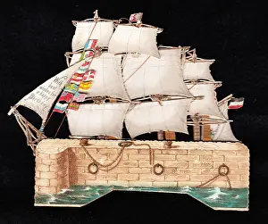 Popup: Sailing ship at the quayside on a birthday card