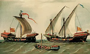 Sailboat: Sailing vessels. History. 16th century. Engraving colored. L