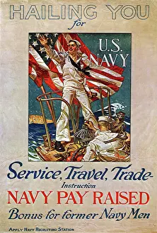 Illustrators: Sailor on boat with monkey and fruit for US Navy Poster