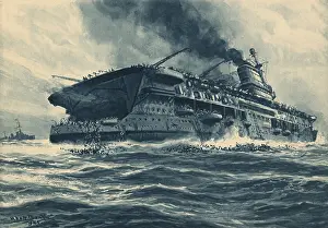Abandoning: Sailors abandoning the HMS Courageous, after it