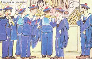 Baguette: Sailors exercising their jaws on a comic French postcard
