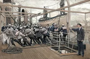Lifejacket: Sailors hauling a boat onto the deck of a ship, WW1