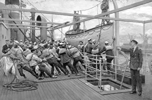 Lifejacket: Sailors hauling a boat onto the deck of a ship, WW1