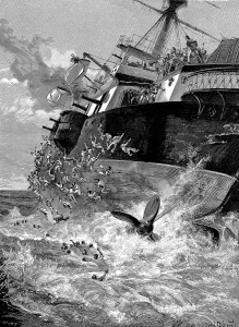 Blunder: Sailors jumping for their lives from the capsizing H.M.S Vic