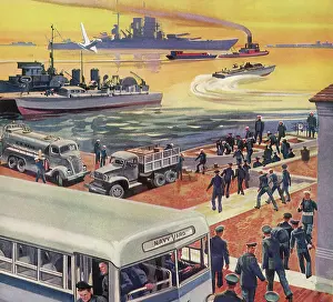 Barges: Sailors transfer from Navy Busses to Loading Barges