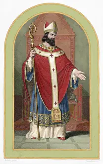 Mitre: Saint Denis of Paris. 3rd century AD. Engraving. Colored