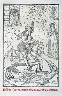 Bravery: Saint George fighting the dragon. Engraving. 15th century