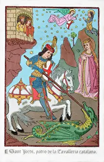 Bravery: Saint George fighting the dragon. Engraving. 15th century. C