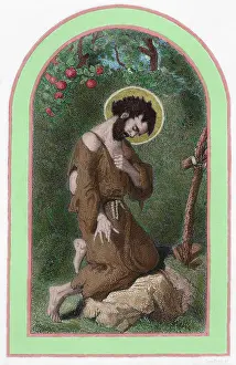 Kneel: Saint Marian. Engraving. Colored