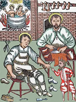 Demon: Two Saints make shoes being tempted by the devil. Colored wo