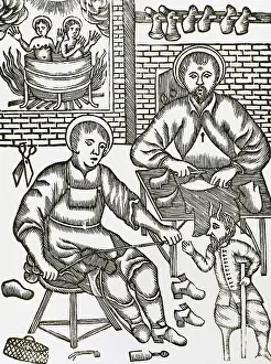 Demon: Two Saints make shoes being tempted by the devil. Engraving