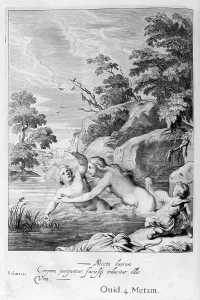 Attempted: Salmacis attempts to rape Hermaphroditus. Engraving
