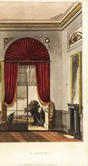 Mantelpiece: A saloon with arched and curtained window opening