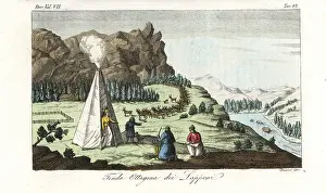 Lapps: Sami people (Lapps) in an octagonal tent with