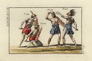 Greaves: Samnite gladiators fighting with swords (gladius)
