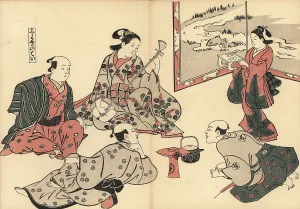 Shamisen: Three samurai listen to a courtesan play the shamisen