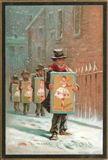 Victorian Christmas: Four sandwich men in the snow on a Christmas card