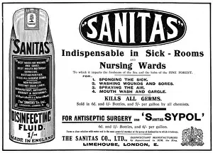 Disinfectant: Sanitas disinfecting fluid advertisement, WW1