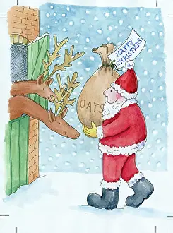 Oats: Santa bringing present of oats to two reindeer