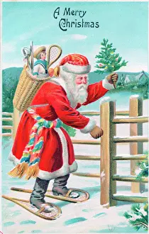 Snowshoes: Santa Claus with presents on a Christmas postcard