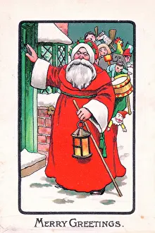 Knocker: Santa Claus with his sack on a Christmas postcard