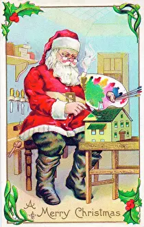 Dollshouse: Santa Claus in his workshop on a Christmas postcard