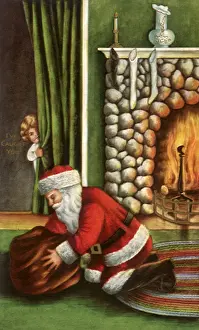 Peeking: Santa Kneeling by Fire