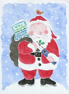 Bernice: Santa with a mobile phone and a robin on his head