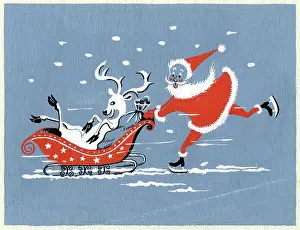 Excell: Santa pushing Reindeer in Sleigh