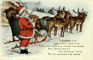 Tucked: Santa Standing Beside Sleigh and Reindeer