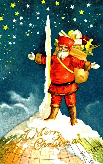 Clapsaddle: Santa Stands at North Pole of Globe
