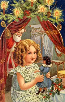 Peeking: Santa Watching as Girl Discovers Doll