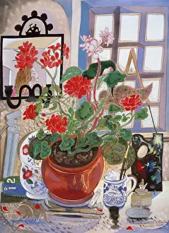 Bewick: Sara and Geraniums ' pot of geraniums