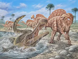 Iguanodont: Sarcosuchus attacking a herd of Ouranosaurus dinosaurs