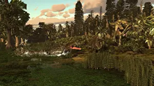Prowling: A Sarcosuchus and Deltadromeus attack a lone Ouranosaurus