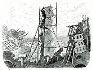 Scaffolding: Satirical cartoon, broken tower with scaffolding, Paris