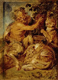 Satyrs: A Satyr pressing Grapes with a Tiger and Leopard