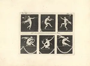 Thyrsus: Six satyrs or fauns performing on a tightrope