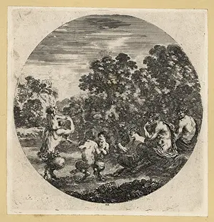Satyrs: Satyrs in laurel crowns and garlands dancing in