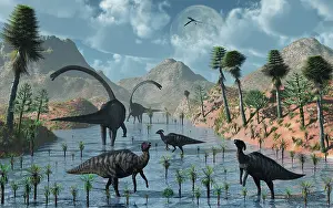 Omeisaurus: Sauropod and duckbill dinosaurs feed peacefully together