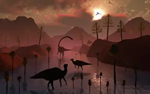 Omeisaurus: Sauropod and duckbill dinosaurs feed peacefully together