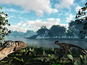 Sauroposeidon: Sauroposeidon graze while feathered Deinonychus look on