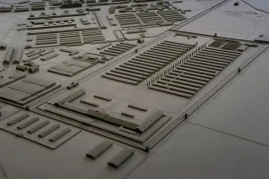 Forced: Scale model. Dachau concentration camp. Germany. 1945