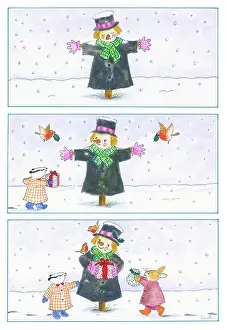 Scarecrow: Scarecrow with badger and rabbit in snow
