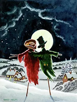 Scarecrow: Two Scarecrows Overlooking a Snowy Landscape