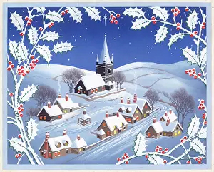 Asta: Scene by night of village in the snow