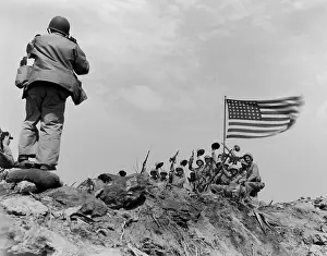Rosenthal: Scene after the second flag raising, on Iwo Jima's